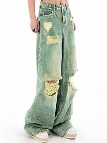 Women's Casual Straight Leg Ripped Pocket Jeans - Navy Blue - View 5