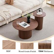 Set di 2 tavolini da caffè rotondi impilabili in stile tamburo per soggiorno, camera da letto, balcone, ufficio, stile moderno di metà secolo, con venature del legno marrone