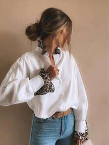女士舒适休闲优雅通勤衬衫，长袖豹纹拼接上衣，春秋季 - 白色 - 查看 1