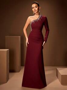 Women's Oblique Collar Solid Color Ruched Beaded Bodycon Maxi Dress, Long Sleeve - Burgundy - View 3
