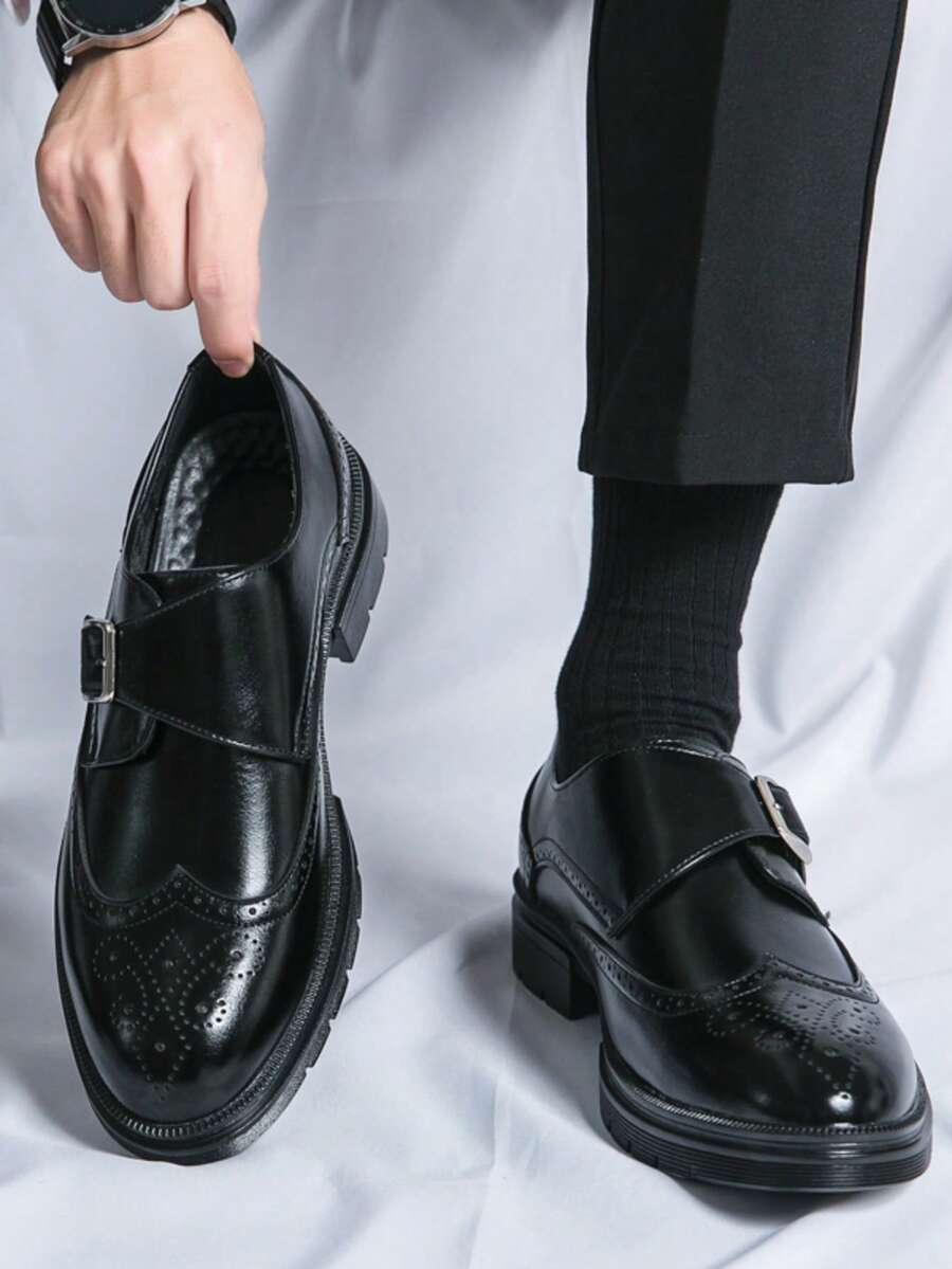 男士搭扣装饰正装乐福鞋 - 黑色正式礼服鞋，适合新郎及婚礼穿着，商务休闲一脚蹬，复古英式/韩式修身款，耐穿，增高