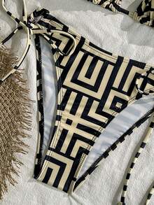 Casual Sexy Women's Halter Bikini Set With Geometrical Pattern High Stretch Fabric And Tie Back Detail - Multicolor - View 6
