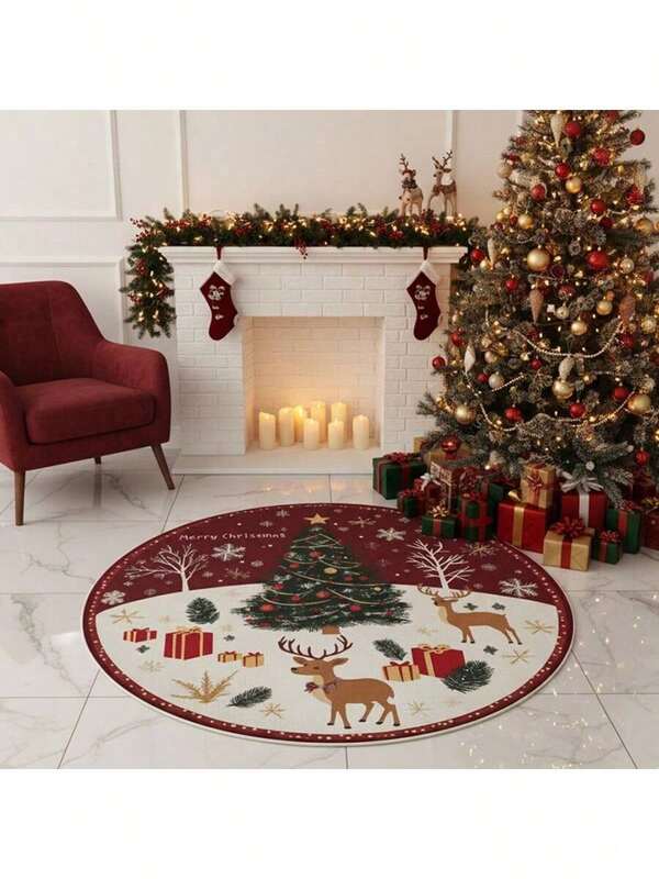 1 buc covor de Crăciun, covor rotund de pluș, decor de brad de Crăciun, covor pentru sufragerie