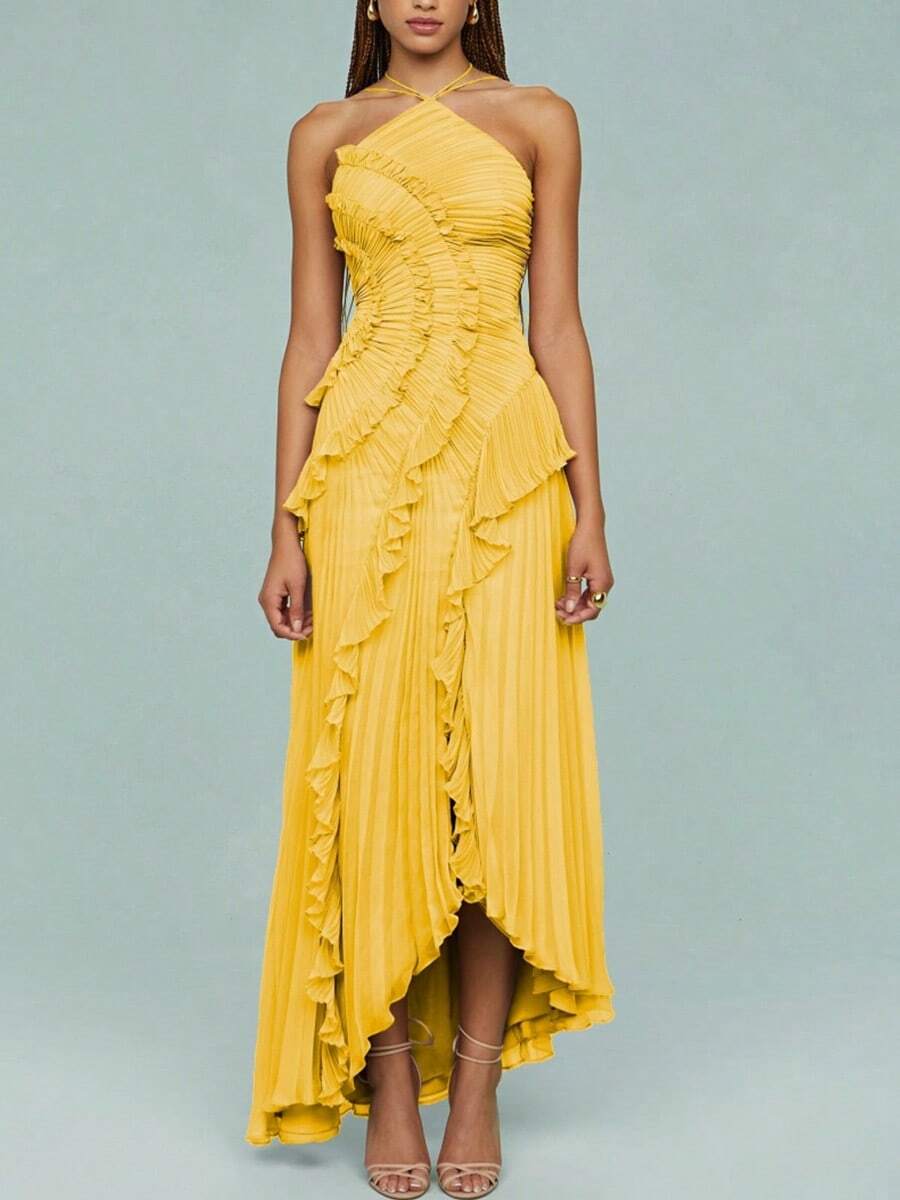 Women's Elegant Backless Long Skirt Sleeveless High Waisted Pleated Ruffle Party Dance Evening Gown - Màu vàng - Xem 1