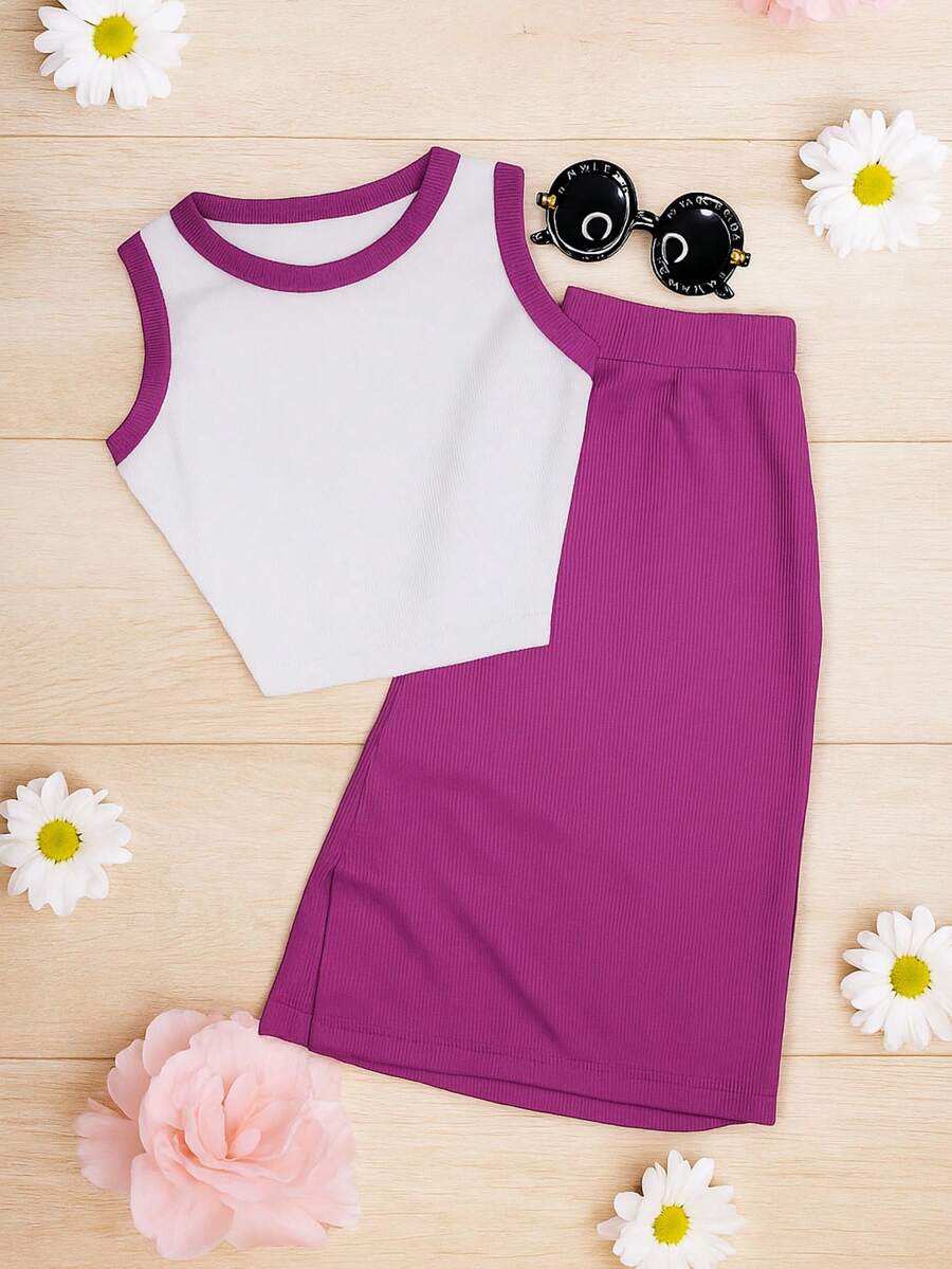 Conjunto Infantil e Juvenil para Meninas e Adolescentes Conjunto Composto por Cropped Regata e Saia Midi - Púrpura - Visão 1