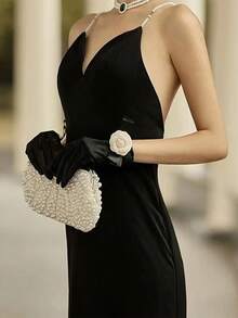 带山茶花图案的黑色天鹅绒手套，适合女士茶会服装/婚宴礼服、万圣节服装手套、圣诞节手套、特殊场合 1920 年代服装晚间歌剧手套 - 黑色 - 查看 11