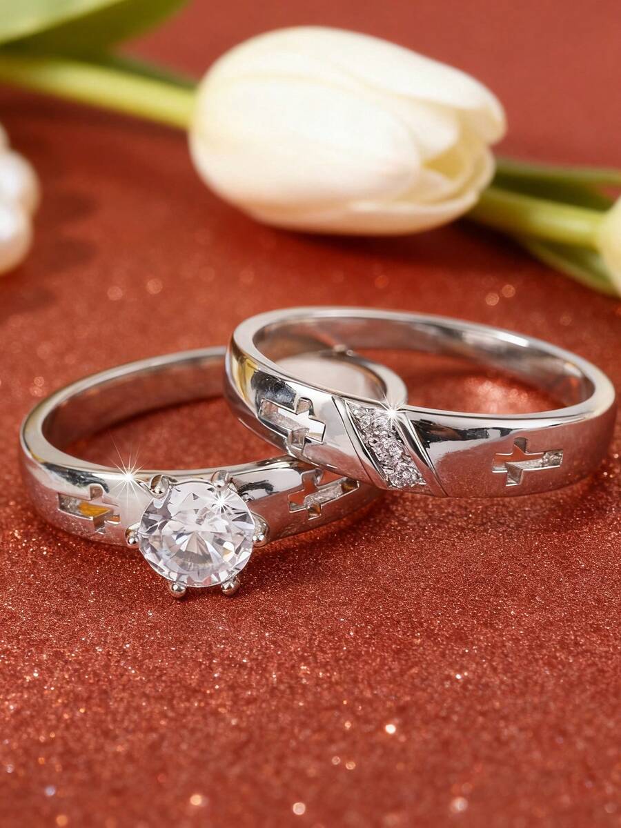 2 piezas Anillos de pareja de moda, Anillos de boda y compromiso para hombre y mujer, Regalo de joyería para aniversario, para uso diario (sin caja) - Blanco - Ver 1