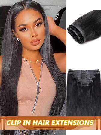 إكستنشن شعر مستقيم بدون خلط، إكستنشن شعر طبيعي بشري ريمي 8 قطع ذو وصلة مزدوجة باللون الأسود الطبيعي للنساء