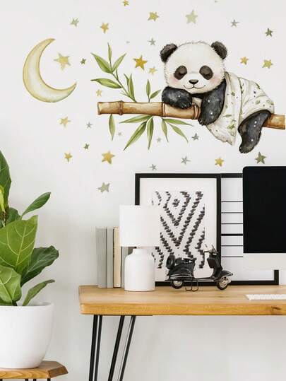 1片多尺寸PVC可移除墙贴，可爱熊猫、竹子、树枝、花朵、月亮、星星图案，自粘式装饰画，适用于卧室、客厅、书房、餐厅、浴室、家居墙面装饰、房间装饰