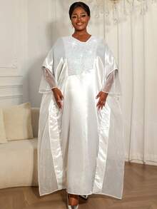 大码女士优雅白色非洲风情宽松亮片缎面欧根纱拼接连衣裙 - 白色 - 查看 4