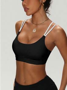 女士纯色圆领交叉可拆卸衬垫时尚针织运动文胸 - 黑色 - 查看 5