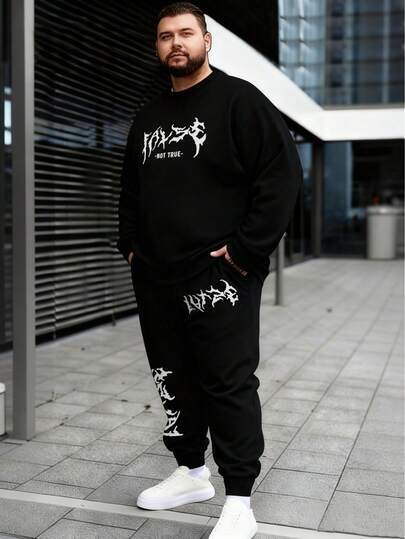 2件套加大码男士休闲日常通勤简约百搭字母印花黑色圆领卫衣和抽绳腰带运动裤黑色套装
