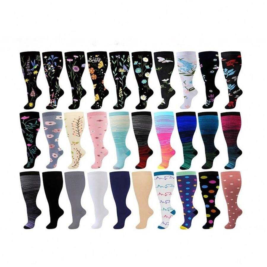 4 Pairs Unisex Plus Size Radom Color Compression Socks For Men Women 20-30mmHg Support For Nurses, Travel, Hiking,Running,Pregnancy - 顏色隨機(4雙) - 查看 1