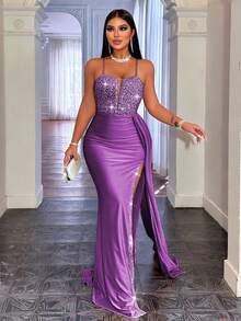 CHOSMO Đầm dạ hội, đầm dài dự tiệc cạp cao, hở lưng, đính sequin, xẻ tà bên và thắt lưng satin, thanh lịch cho ngày Valentine, Giáng sinh, các dịp trang trọng, đám cưới, tiệc mùa xuân. - Màu tím đậm - Xem 5