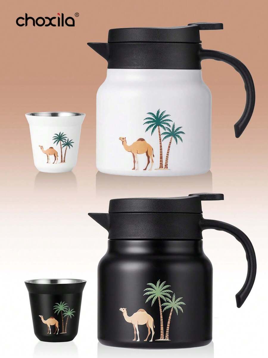 choxila 1pc Tea Pot And Tea Cup, Tea Kettle With Infuser, Stainless Steel Thermal Carafe, Vacuum Coffee Pot And Coffee Cup, Coconut Tree And Camel Pattern Water Pot And Water Cup, For Coffee, Tea, Beverage, Home/Office/Camping/Travel/Festival Gifts - Tea Kettle - View 1