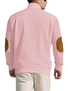 Men's Casual Fashion Half-Zip Jacquard Knit Henley Polo Shirt, Loose Fit Knit Sweatshirt, Vintage Distressed Contrast Elbow Patch, Suitable For Spring And Autumn (Note: The Knit Sweatshirt Is Not Thick Like Wool; European And American Sizes Tend To Run Large, So It Is Recommended To Order One Size Smaller) - 淺粉色 - 查看 3