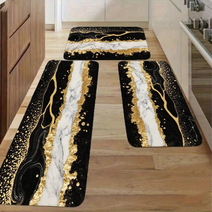 Bright Modern Kitchen White Cabinetry Gold Hardware Black Base White Marble-Like Streaks Gold Veins Dots Runner Rug Stainless Steel Pots Wooden Spoon Countertop Kitchen Items Green Outdoor Scene Patio - 彩色 - 查看 1