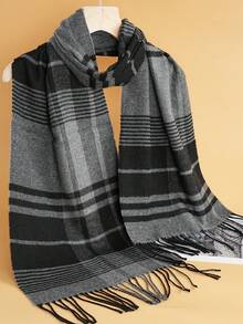 1 件男女通用时尚印花流苏围巾，180 * 30 厘米格子披肩围巾，男士经典商务围巾 - 多色 - 查看 3