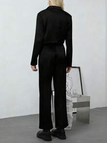 Damen einfarbiger Langarm-Jacke und lange Hose 2 Stücke Freizeitoutfit - Schwarz - Übersicht 4