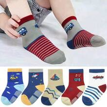 ELUTONG Toddler Socks, Dinosaur, Car Pattern Mid-Calf Socks, Indoor And Outdoor Anti-Slip Socks, Suitable For Boys And Girls Aged 1-3/3-5/5-7 ,12 Pairs - #1 火箭和恐龍(12 對) - 查看 2