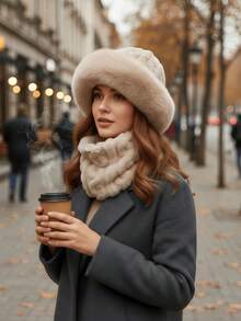 女士冬季二合一针织帽围巾套装 - 采用柔软舒适的毛绒针织面料制成，这款套装既可以当帽子也可以当围巾，饰有人造毛皮饰边和蓬松的绒球。 - 彩色 - 查看 4