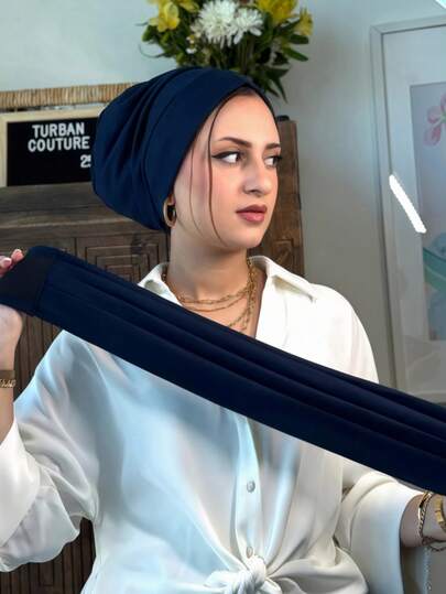 1pc Women's Classic 2-In-1 Instant Turban Headscarf & Headband, High Elasticity Pleated Design, Moisture-Wicking Jersey Fabric, Suitable For Muslim Daily Life And Outings For Dress