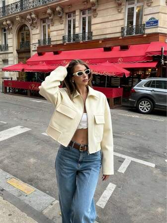 Women's Casual Loose Zipper Wool Blend Lapel Pocket Short Jacket, Fashion Autumn/Winter