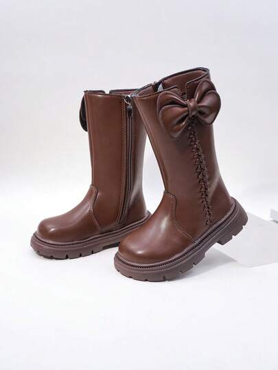 Girls' Tall Boots New Autumn/Winter Children High-Top Boots Cute Bow Mid-Calf Leather Boots Thick Sole Anti-Slip Princess Boots Campus Student Girls Mid-Calf Boots Baby Rider Boots