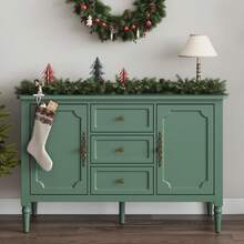 Storage Cabinet With 2 Doors & 3 Drawers, Mid-Century Sideboard Cabinet With Adjustable Shelves, Wood Buffet Cabinet With Turned Legs, Ideal For Entryway, Living Room, Dining Room, Green - 綠色 - 查看 4