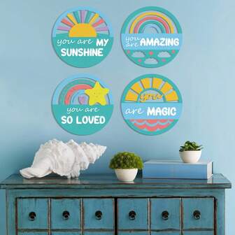 A 4-Piece Set Of Wooden Bohemian Wall Art, Colorful And Cute Belief Positive Quote Art Hanging, Blue-Green Rainbow Sunshine Home Decoration, Suitable For Home Bedroom/Game Room/Living Room Decoration