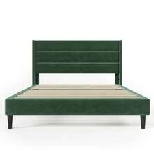 Upholstered Bed 140 X 200 Cm, Bed Frame With Slatted Base And Headboard, Upholstered Double Bed, Dark Green Velvet Textile Cover, Modern And Timeless Design, Youth Bed - Green - View 10