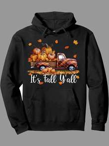 Men's Vintage Farm Truck & Pumpkins Graphic Hooded Sweatshirt - Fall Pullover With "It's Fall Y'all" Lettering, Cozy Casual Long Sleeve Sweater For Autumn Layering, Machine Washable, Comfortable Round Neck & Pocket Design, Unisex Style With Drawstring Hood, Warm Fall Colors (Black Base) - Ideal For Thanksgiving & Halloween Outfits, Featuring Rustic Truck & Pumpkins Design, Relaxed Fit,Fall Hoodies,Men's Fall Clothes,Street Wear,Halloween,Mens Hoodies,Y2k Clothes,Jesus Hoodie,Thanksgiving Day,Nightmare Before Christmas,Christmas - Black - View 1