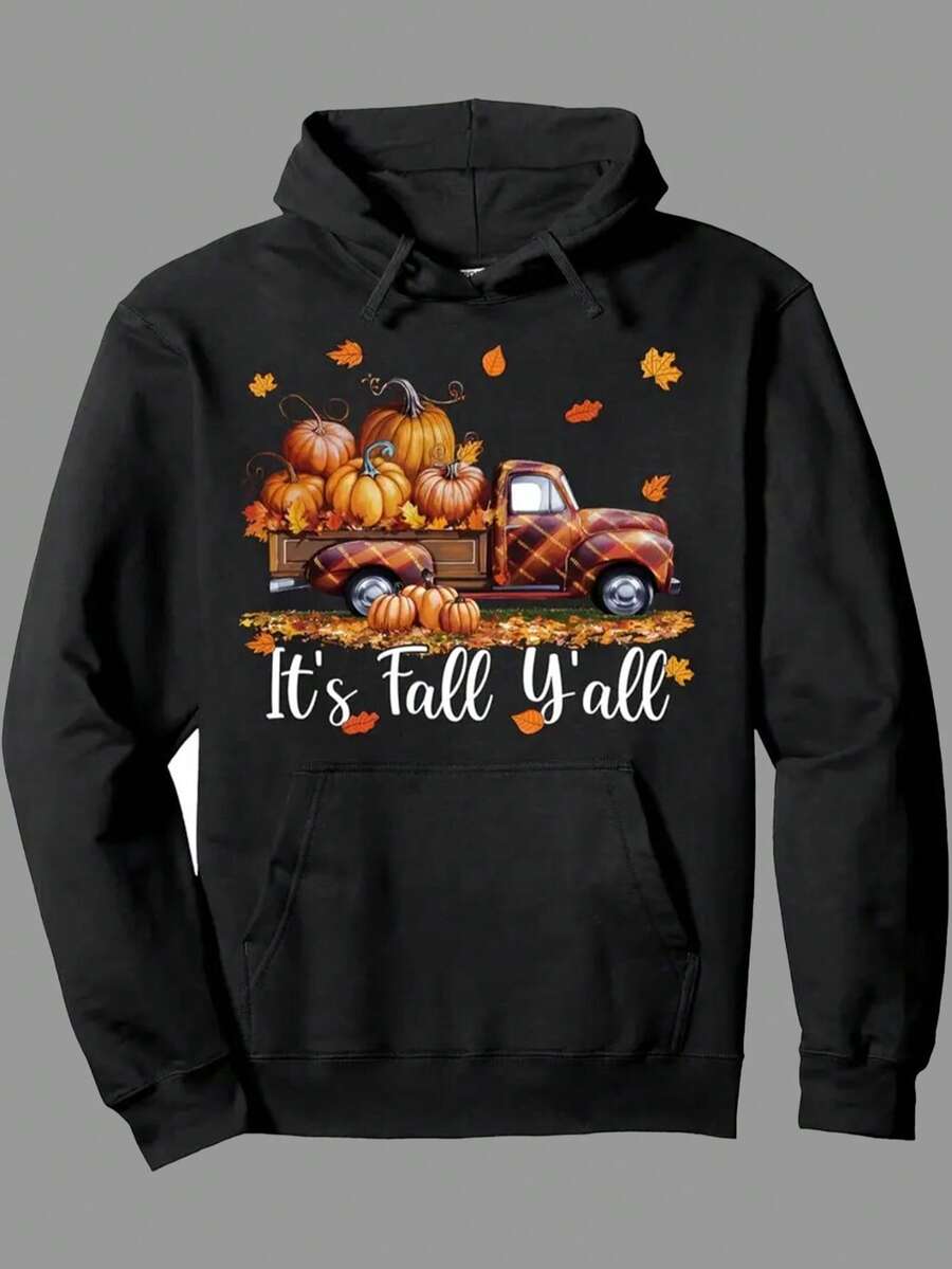 Men's Vintage Farm Truck & Pumpkins Graphic Hooded Sweatshirt - Fall Pullover With "It's Fall Y'all" Lettering, Cozy Casual Long Sleeve Sweater For Autumn Layering, Machine Washable, Comfortable Round Neck & Pocket Design, Unisex Style With Drawstring Hood, Warm Fall Colors (Black Base) - Ideal For Thanksgiving & Halloween Outfits, Featuring Rustic Truck & Pumpkins Design, Relaxed Fit,Fall Hoodies,Men's Fall Clothes,Street Wear,Halloween,Mens Hoodies,Y2k Clothes,Jesus Hoodie,Thanksgiving Day,Nightmare Before Christmas,Christmas - Black - View 1