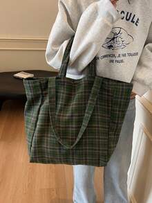 女士格纹帆布托特包，新款休闲大容量手提包，单肩包，休闲 - 綠色 - 查看 9