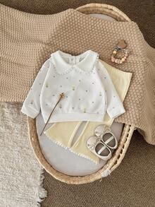 2 件套女婴花卉刺绣彼得潘领长袖运动衫和荷叶边下摆裤子套装，春秋 - 白色 - 查看 5