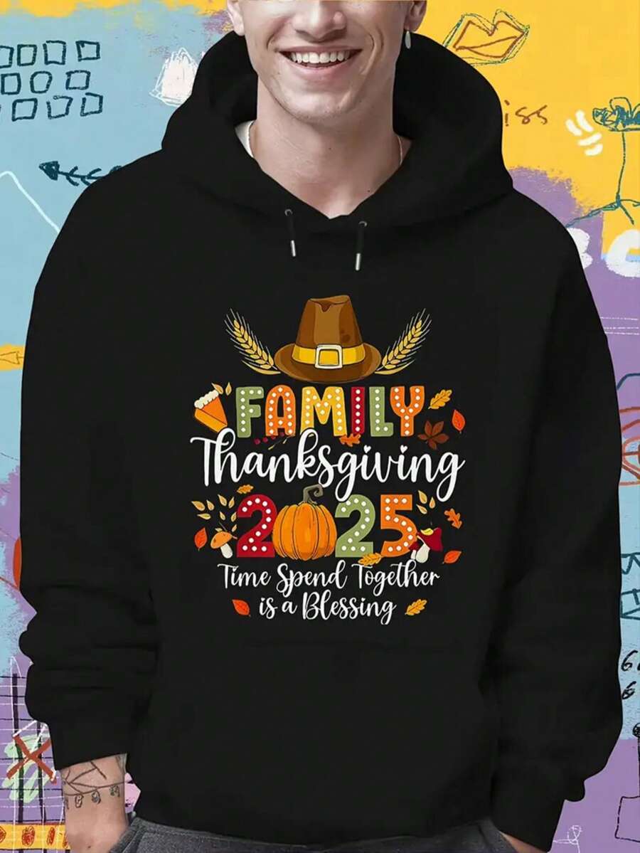 Men's Thanksgiving 2025 Family Matching Hooded Sweatshirt - "Time Spent Together Is A Blessing" Graphic Print, Turkey & Autumn Leaves Design, Durable Streetwear Pullover With Pocket, Machine Washable, Turkey Bowl Lettering & Family Hands Heart Symbol - Casual Fall Outfits For Family Gatherings, Festive Holiday Sweater For Men, Vibrant Colors & Comfortable Fit,Fall Hoodies,Men's Fall Clothes,Street Wear,Halloween,Mens Hoodies,Y2k Clothes,Jesus Hoodie,Thanksgiving Day,Nightmare Before Christmas,Christmas - màu đen - Xem 1