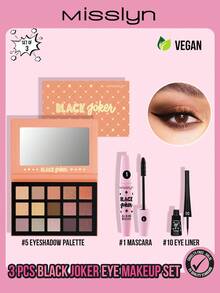 MISSLYN 3 Pieces Black Joker Eye Makeup Set Includes A Black Joker Multi-Functional Mascara; A Dip-Type Eyeliner, A Liquid Eyeliner (Long-Lasting And Smudge-Proof), And A Gel Eyeliner (Waterproof And Sweatproof); And A 15-Color Pearlescent And Matte Eyeshadow Palette For Long-Lasting, Vibrant Color, Perfect For Y2K Makeup Looks. - #1+#10+#5 - 查看 1