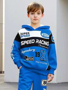 2pcs/Set Boys' Letter Print Hooded Sweatshirt And Pants, Street Fashion Knit Long Sleeve Top And Trousers, Suitable For Spring, Autumn And Winter