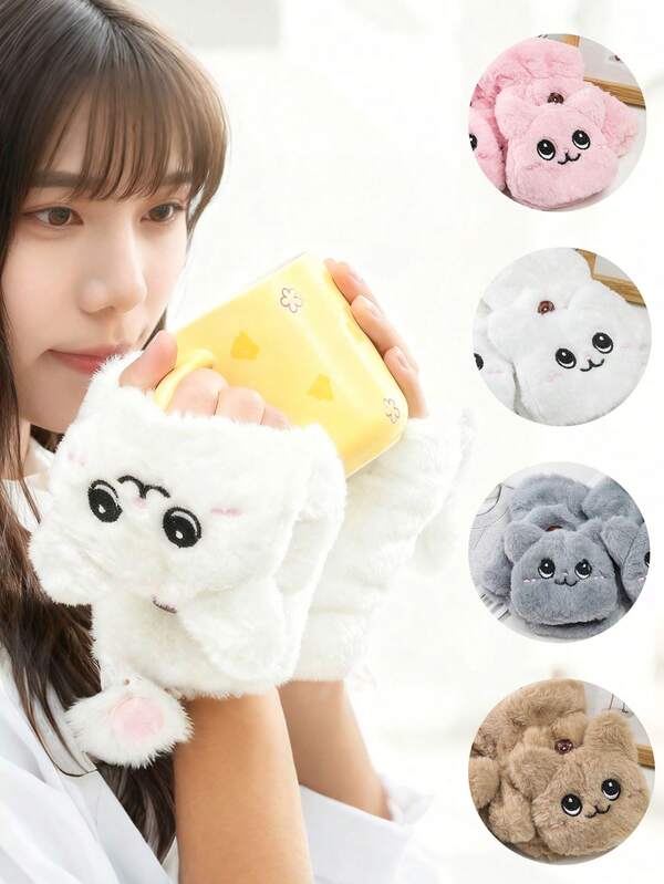 1 Pair Lovely Rabbit Fur Knit Mittens, Plush Soft Half Finger Gloves For Women Teens, Warm Thick Flip Fingerless Gloves For Driving Cycling, Cute Cartoon Cat Gifts