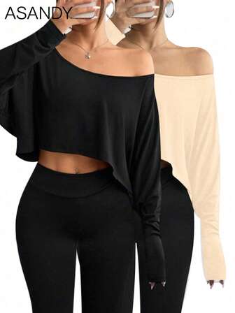 2pcs Women Off Shoulder T-Shirts, Loose Casual Tops, Everyday & Homewear Set, Autumn/Winter