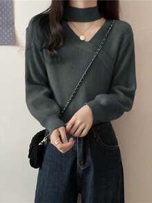 新款韩版不对称斜领灯笼袖宽松短款针织衫 - 灰色 - 查看 3