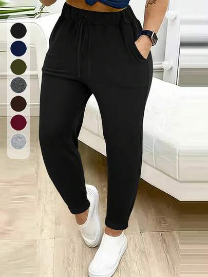Leggings da donna taglie forti, pantaloni sportivi neri, morbidi e confortevoli, elastici, pantaloni casual adatti per primavera/estate/autunno, per uso quotidiano, slim fit con tasche, abbigliamento sportivo alla moda