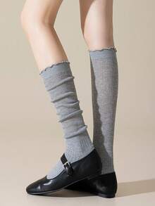 1/5 Đôi tất nữ thu/đông, kiểu Hàn Quốc đơn giản, viền bèo nhún màu trơn, dài đến bắp chân, đa năng cho phong cách Y2K, kết hợp với bốt đi xe, tất ấm áp - Nhiều màu - Xem 5