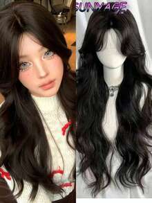 alicegarden 1 合成耐热。长自然波浪发，中心分假发，中等部分，棕色 26 英寸，日常自然、光滑、逼真的假发（不包括配件） - 黑色 - 查看 3