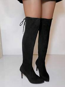 بوت طويلة فوق الركبة ذات كعب رفيع وملون بشكل أنيق، بوت أنيقة وممشقة الشكل - الأسود - مشاهدة 11