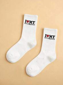 2 Pairs Couple Crew Socks, White Heart Pattern, Minimalist & Fashionable, Versatile, Cute, Soft & Comfortable, Moisture-Wicking, Back To School, Fall - White - View 8