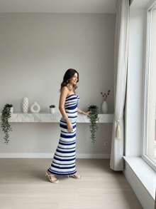 Women's Long Style Modal Tricot Dress - 藍色 - 查看 3