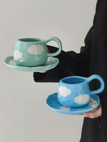 Cabin Kangaroo Ins风格，法式复古风格，手工捏塑手绘，不规则陶瓷咖啡杯碟，手工捏塑痕迹，手绘图案，艺术气息浓厚，高档甜点碟，下午茶，提升格调