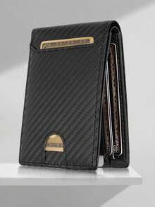 1个男士碳纤维便携钱包，多卡位卡包，RFID防盗刷毛双折卡包，适合青少年夏季休闲户外运动、度假旅行、毕业礼物或生日配饰 - 黑色 - 查看 1