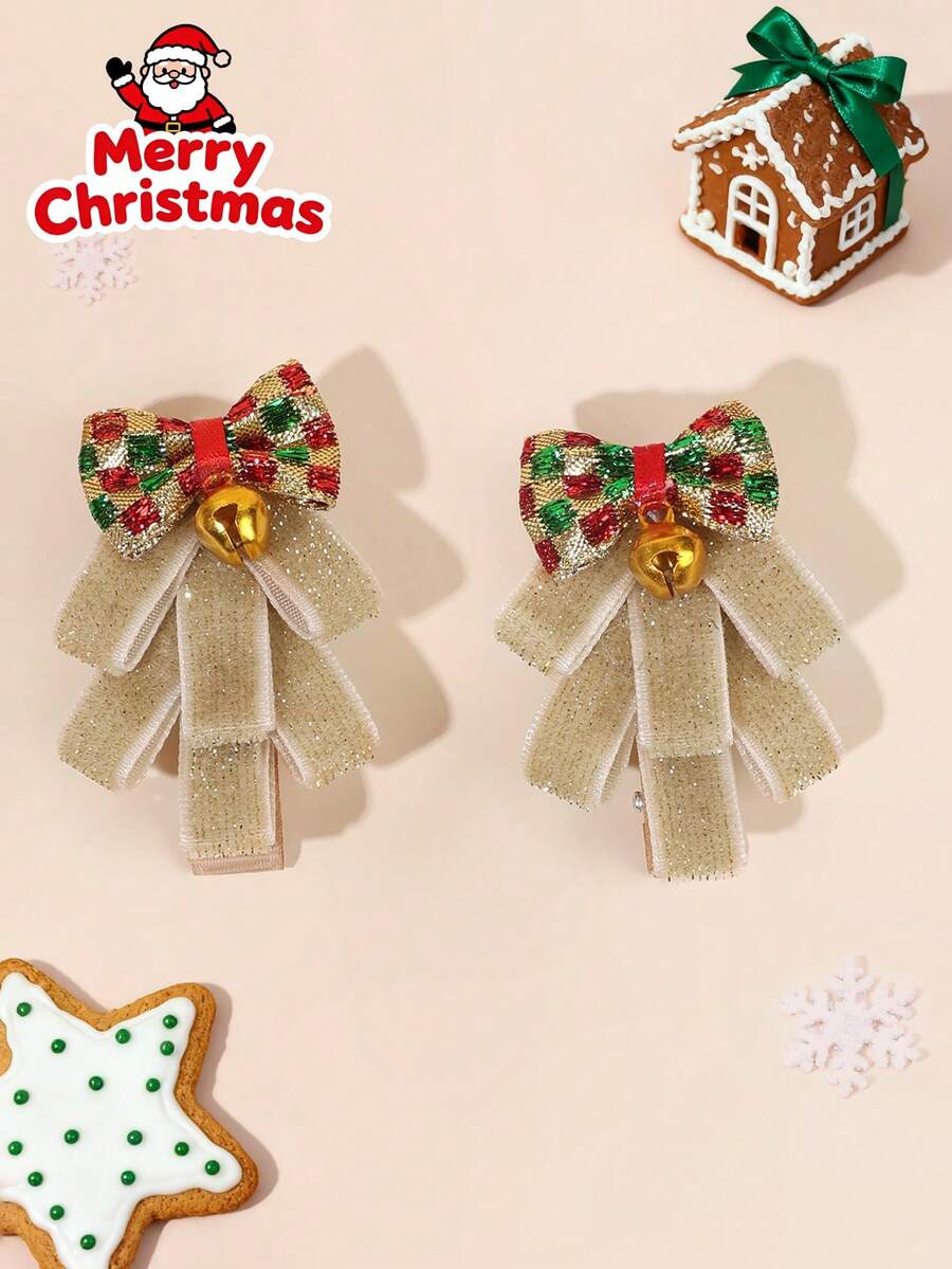 2 Peças Presilhas de Cabelo em Formato de Árvore de Natal para Meninas, Laço Cintilante com Sino, Presente de Natal Alegre, Presilhas Fofas e Doces, Grampos de Cabelo de Veludo Verde, Acessórios de Cabelo para Adolescentes - Castanho - Visão 1